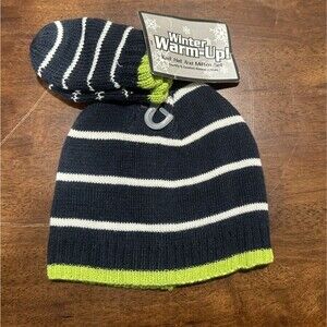 Winter Warm Up baby boy 0/6 months acrylic hat mitten set striped navy and green